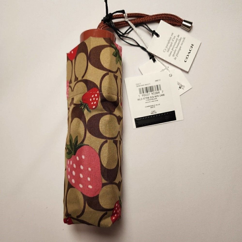 NWT Coach Mini Umbrella in Wild Strawberry Print Gold Khaki Multi - Picture 2 of 3